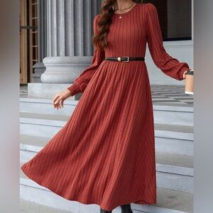 Casual lantern sleeve ribbed maxi dress